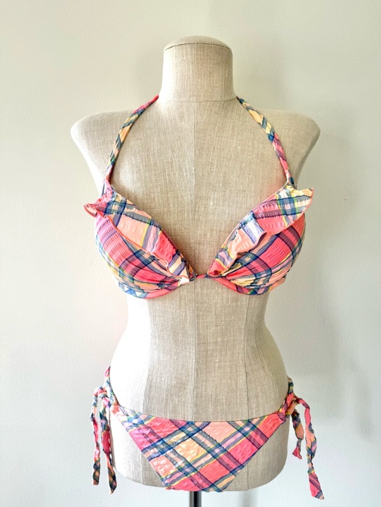 Victoria's Secret Other - Victoria's Secret Seersucker Ruffled Push Up Bikini Set Plaid Pink Blue 36C LG